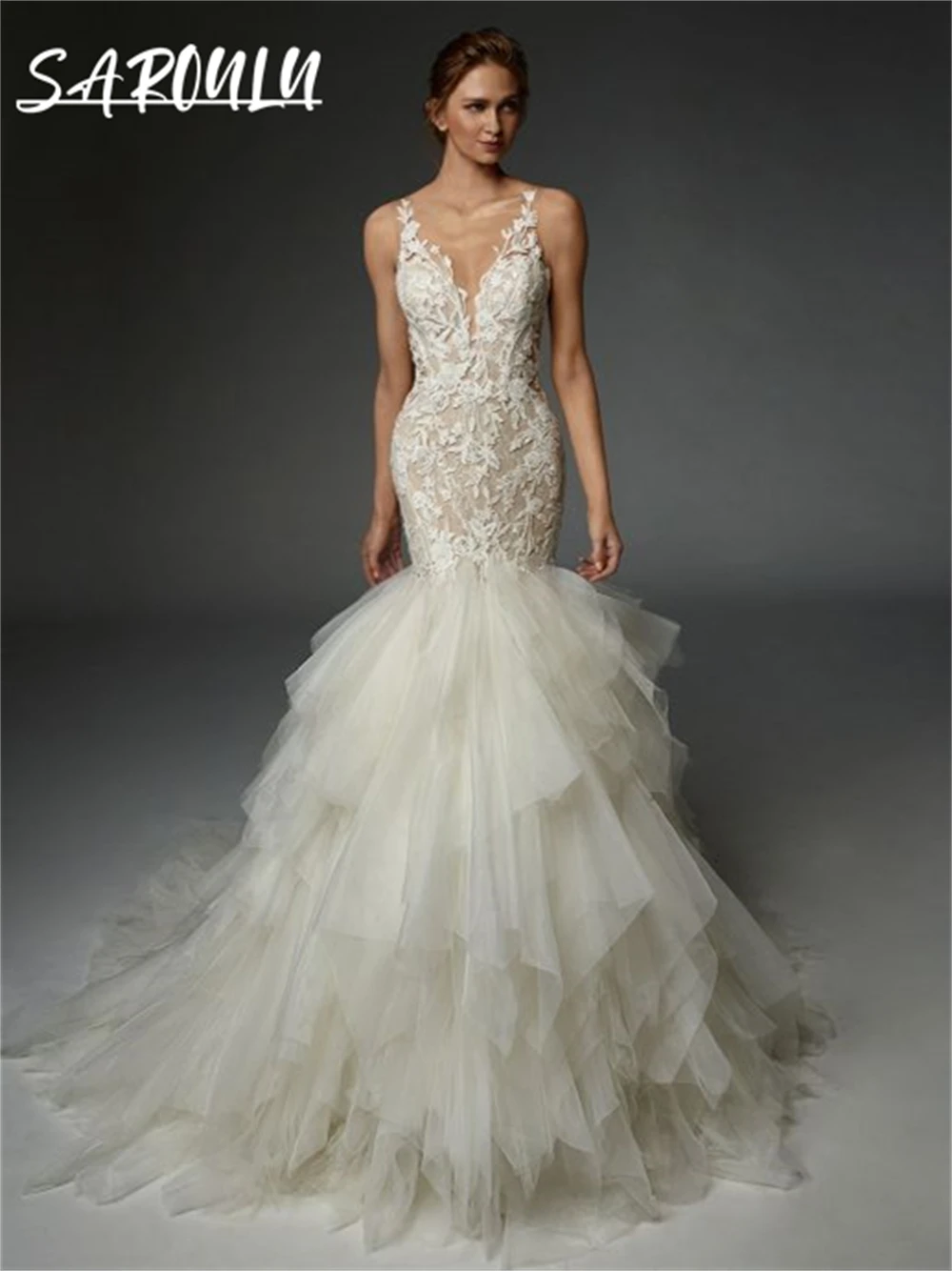 Eye Catching Tiered Bride Dress with Lace Appliques Sleeveless Customized Mermaid Wedding Dresses Fit and Flare Court Train
Eye Catching Tiered Bride Dress with Lace Appliques Sleeveless Customized Mermaid Wedding Dresses Fit and Flare Court Train