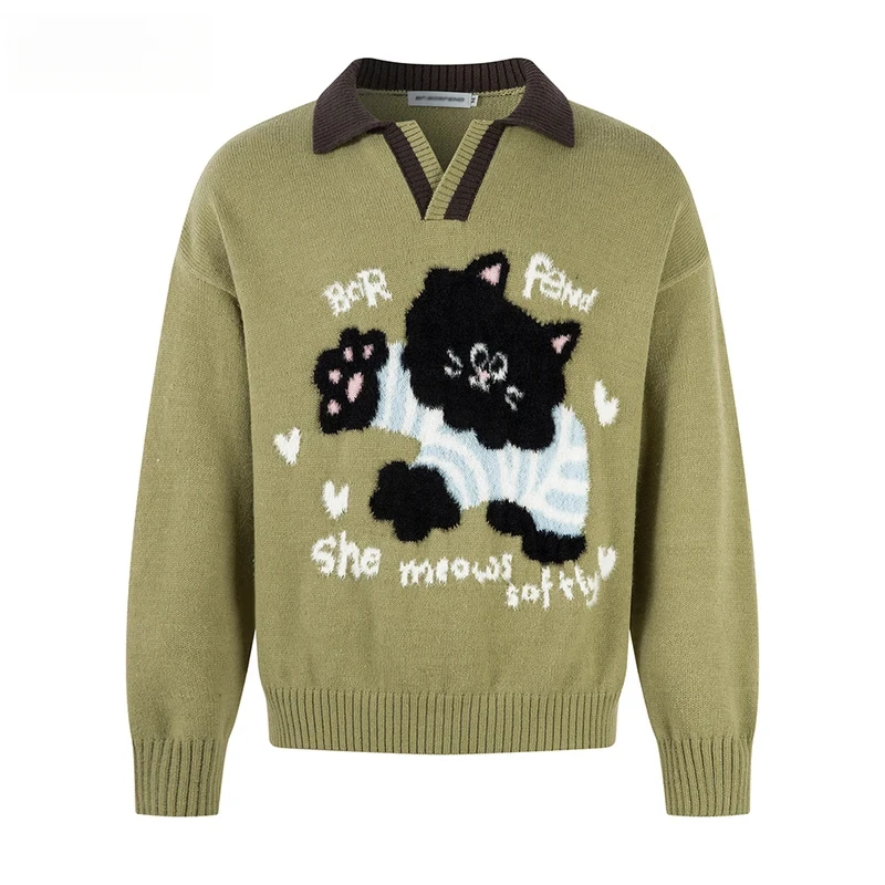 Cat Jacquard Sweater Mens Autumn Winter Casual Retro Spliced Lapel Long Sleeve Knitted Pullover Man
Cat Jacquard Sweater Mens Autumn Winter Casual Retro Spliced Lapel Long Sleeve Knitted Pullover Man