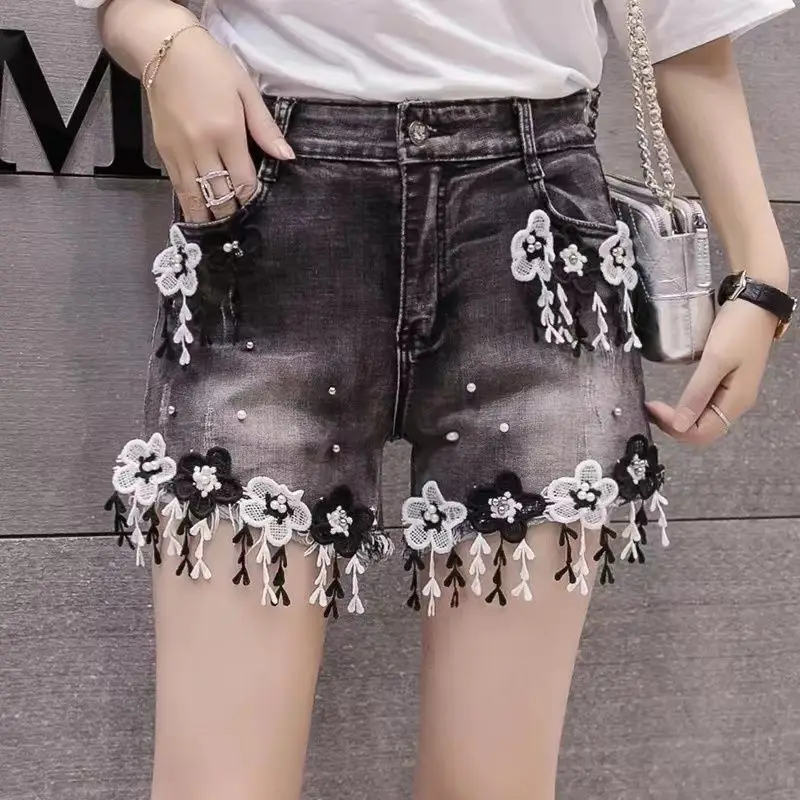 Black Denim Shorts Flower Slim Loose Fringed Hot Pants Elastic Black Summer High Waist Women'S Shorts Denim Heavy Industry Bead
Black Denim Shorts Flower Slim Loose Fringed Hot Pants Elastic Black Summer High Waist Women'S Shorts Denim Heavy Industry Bead
