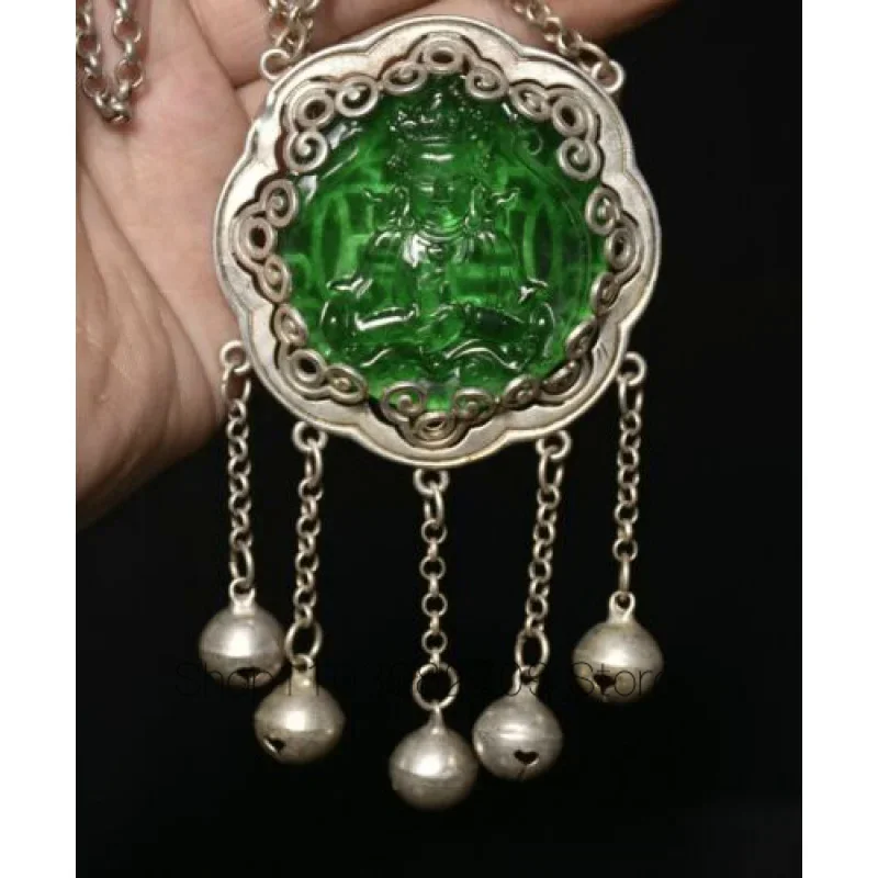 6.5cm Old Chinese Miao Silver Inlaid Green Gemstone Goddess of Guanyin Pendant Bell
6.5cm Old Chinese Miao Silver Inlaid Green Gemstone Goddess of Guanyin Pendant Bell