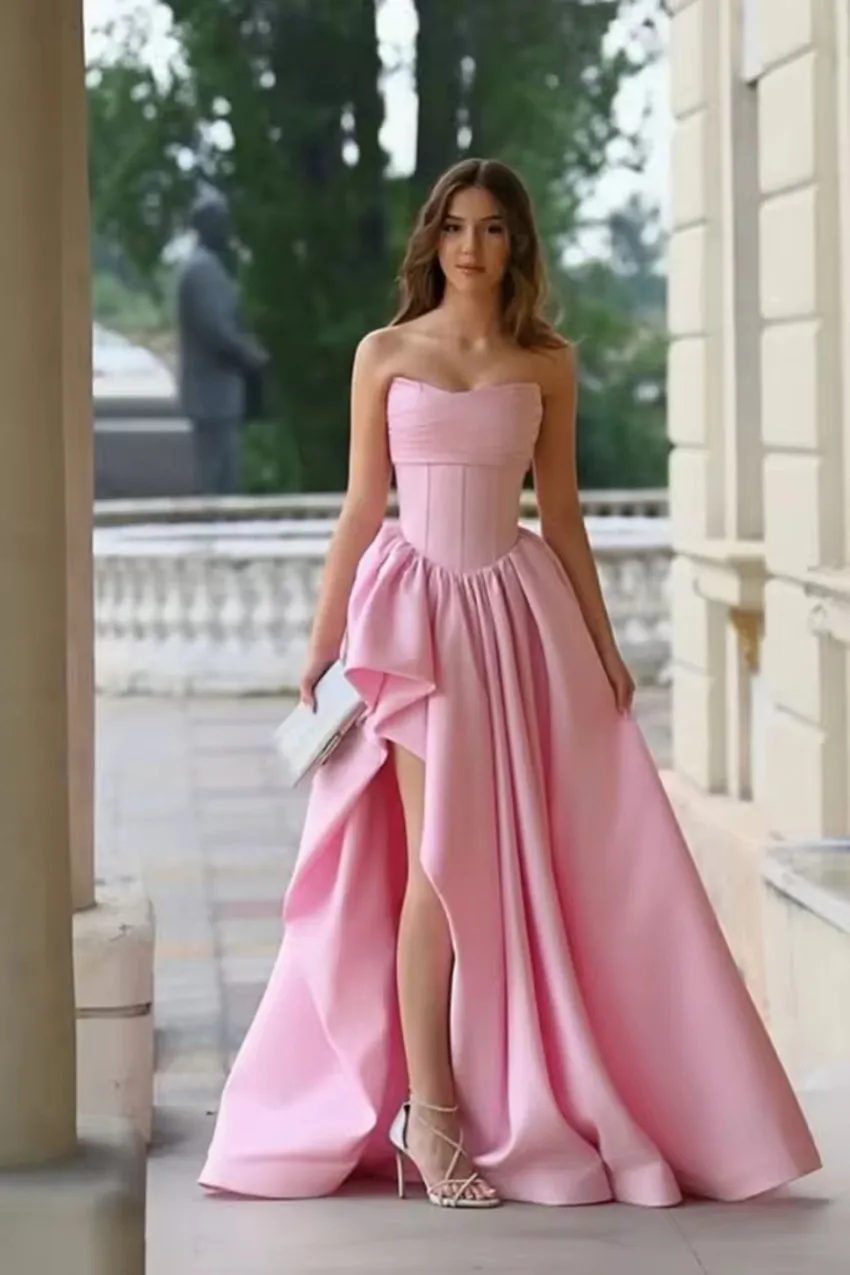Customized Strapless Prom Dresses Pink Satin Pleated Women's Wedding Party Dresses A-Line Height Side Slit Evening Dresses
Customized Strapless Prom Dresses Pink Satin Pleated Women's Wedding Party Dresses A-Line Height Side Slit Evening Dresses