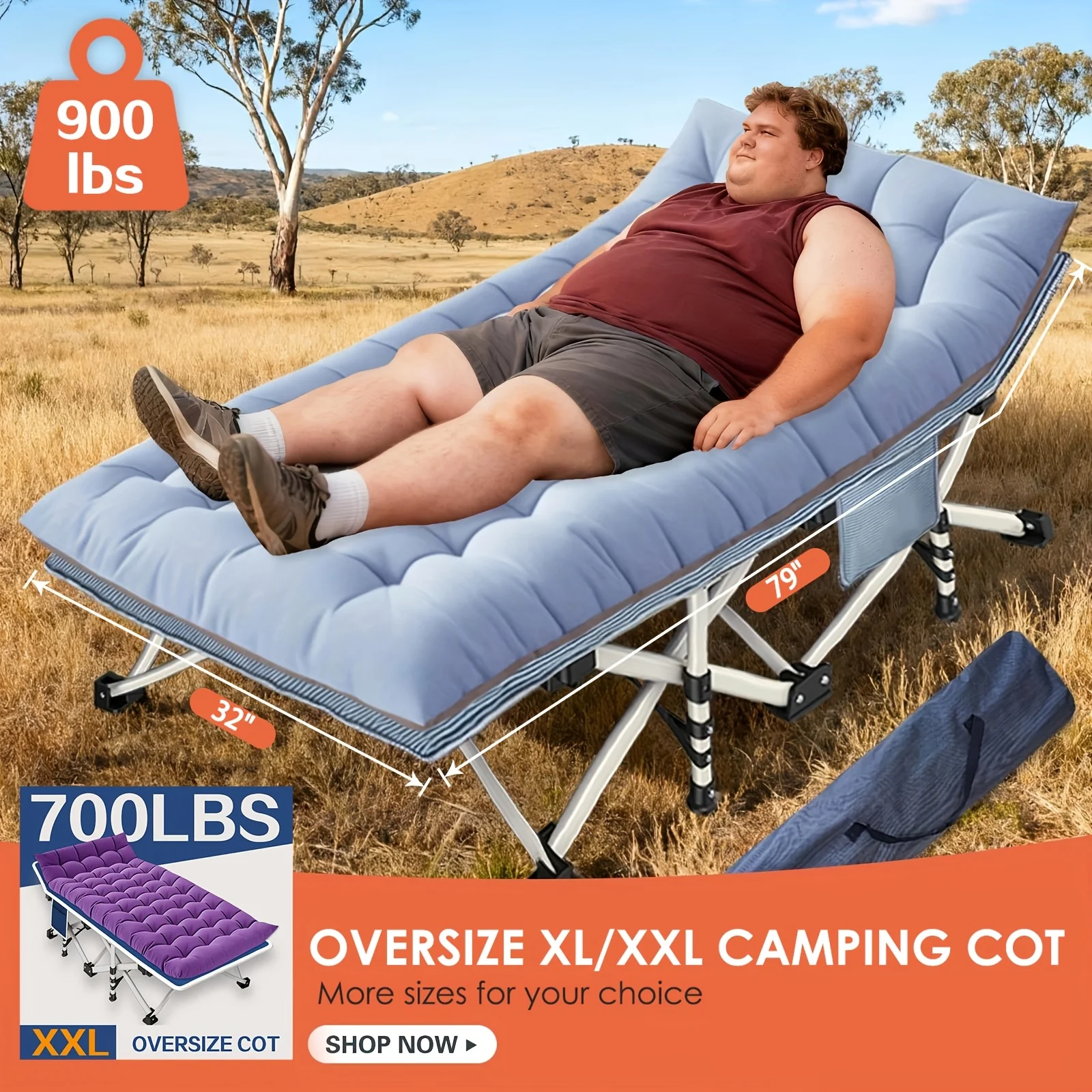 Heavy Duty Extra Wide XXL Folding Camping Cot with Comfortable Mattress for Adults - 900Lb & 700Lb Capacity, Oversized Porta
Heavy Duty Extra Wide XXL Folding Camping Cot with Comfortable Mattress for Adults - 900Lb & 700Lb Capacity, Oversized Porta