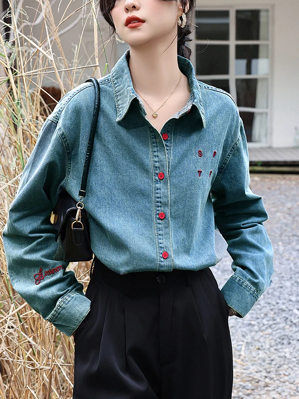 Embroidered Letter Denim irt Simple Sle Staable Top Casual Commute Collar Long Sve Loose Fit Women's irt
Embroidered Letter Denim irt Simple Sle Staable Top Casual Commute Collar Long Sve Loose Fit Women's irt