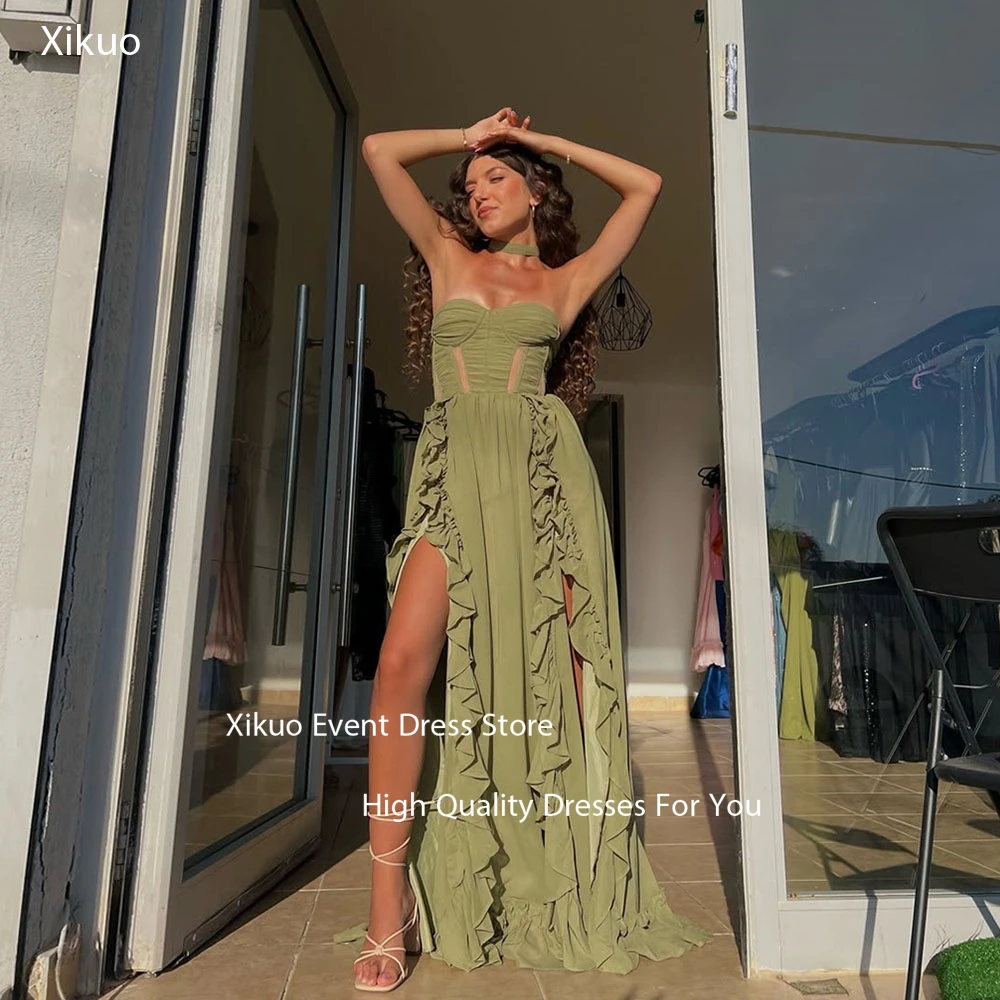 Xikuo Olive Green Chiffon Evening Dresses A Line Ruffled Cut Out Abito Cerimonia Donna Pleated High Slit Prom Dress Customized
Xikuo Olive Green Chiffon Evening Dresses A Line Ruffled Cut Out Abito Cerimonia Donna Pleated High Slit Prom Dress Customized