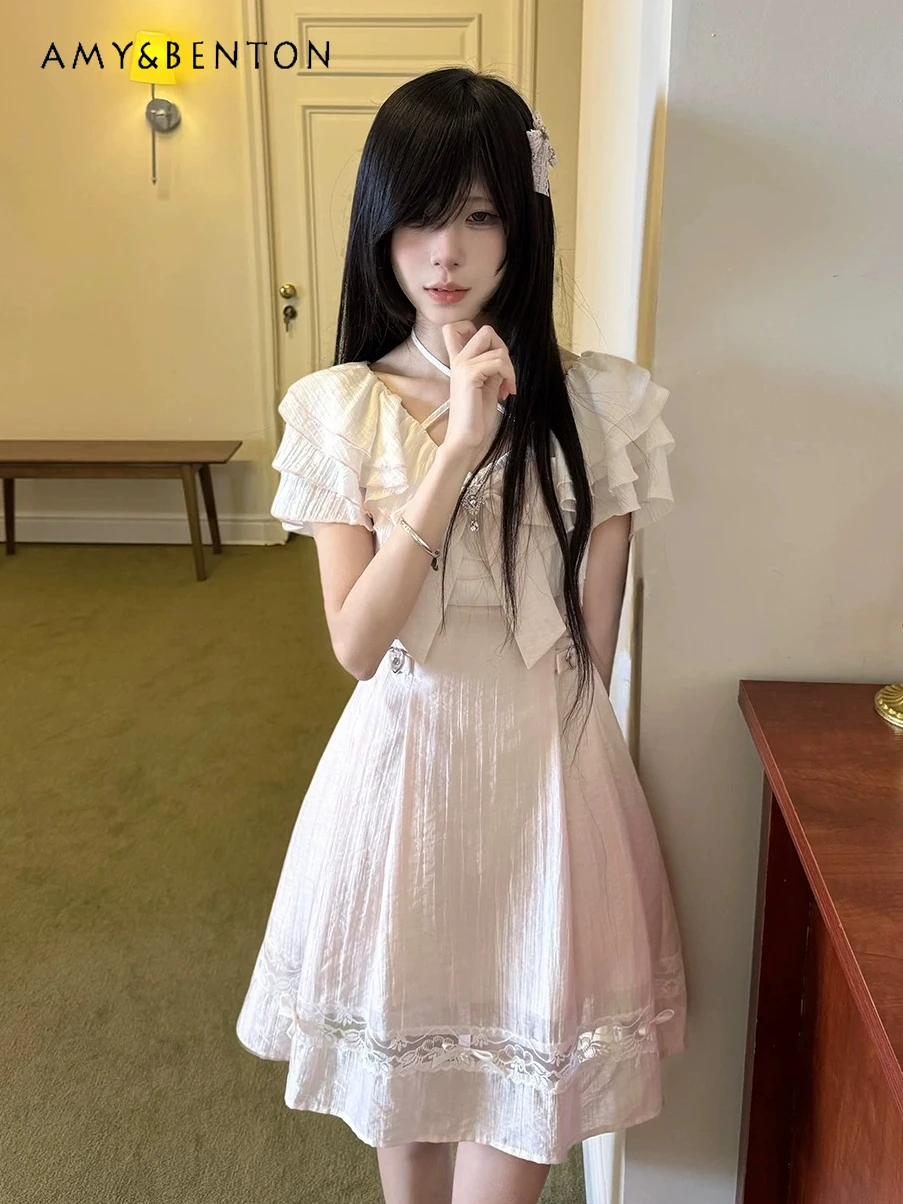Sweetheart Girl Neck Bow Pink and White Dress for Women Cute Ruffle Edge Slim Princess Style Dress Summer Kawaii Cake Dresses
Sweetheart Girl Neck Bow Pink and White Dress for Women Cute Ruffle Edge Slim Princess Style Dress Summer Kawaii Cake Dresses