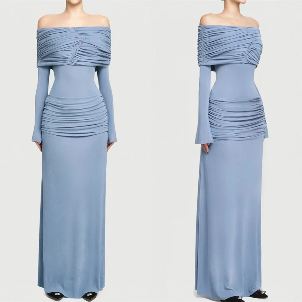 Customized Exquisite Blue Jersey Evening Dress Modern Strapless Off the Shoulder Long Sleeves Zipper Back Cocktail Dress
Customized Exquisite Blue Jersey Evening Dress Modern Strapless Off the Shoulder Long Sleeves Zipper Back Cocktail Dress