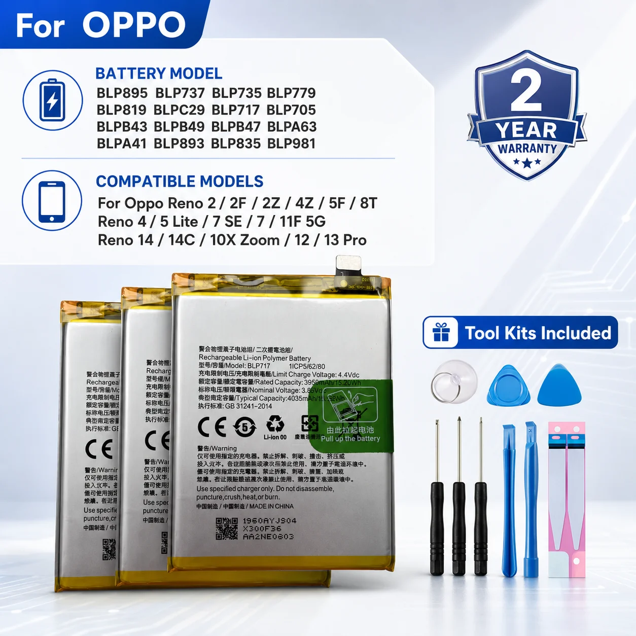 For OnePlus OPPO Reno 2 4Z 5F 8T 5 7SE 11F 14 12 13 Pro BLP895 BLP819 BLPC29 BLP705 Phone Replacement Battery Cell Repair Part
For OnePlus OPPO Reno 2 4Z 5F 8T 5 7SE 11F 14 12 13 Pro BLP895 BLP819 BLPC29 BLP705 Phone Replacement Battery Cell Repair Part