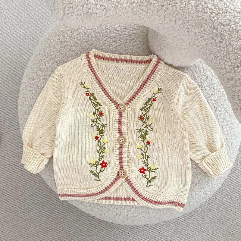 Autumn new baby clothing, 0-3 year old female baby knitted jacket V-neck embroidered long sleeved sweater
Autumn new baby clothing, 0-3 year old female baby knitted jacket V-neck embroidered long sleeved sweater