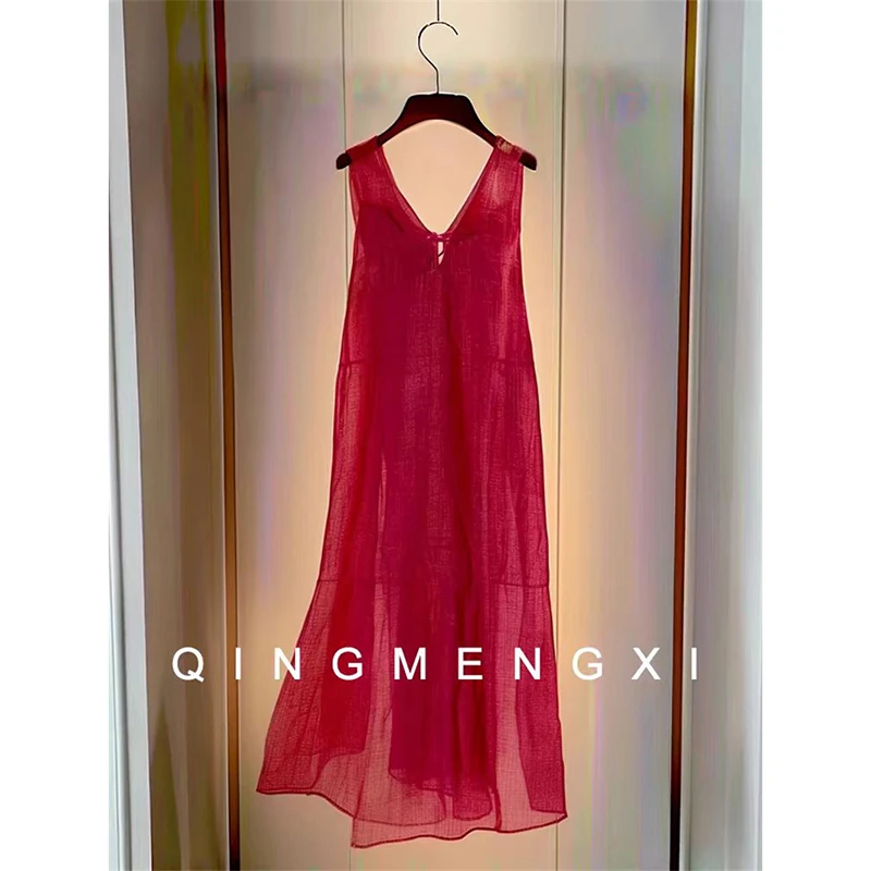 See Through Summer Casual Midi Red Dresses Loose V Neck A-Line Sleeveless Dress Casual Holiday Beach Vestidos
See Through Summer Casual Midi Red Dresses Loose V Neck A-Line Sleeveless Dress Casual Holiday Beach Vestidos
