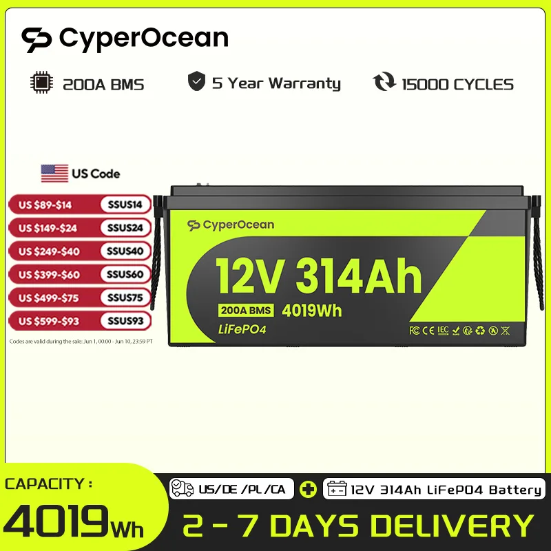 CyperOcean 12V 314Ah LiFePO4 Battery Low-Temp Protection Built-in 200A BMS 12V Rechargeable Lithium Battery 4019Wh 15000 Cycles For Vans, Golf Cart, Boat, RV, Camp, Solar Energy Storage With 5-Year Warranty
CyperOcean 12V 314Ah LiFePO4 Battery Low-Temp Protection Built-in 200A BMS 12V Rechargeable Lithium Battery 4019Wh 15000 Cycles For Vans, Golf Cart, Boat, RV, Camp, Solar Energy Storage With 5-Year Warranty
