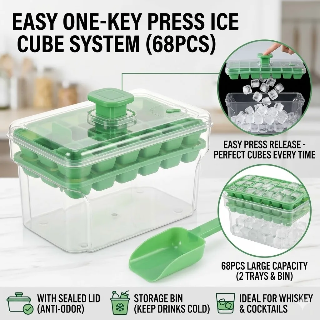 Ice Cube Tray For Freezer With Lid And Bin 68Pcs Easy Press Release Ice Mold For Whiskey Cocktail Chilled Drink Kitchen Tool
Ice Cube Tray For Freezer With Lid And Bin 68Pcs Easy Press Release Ice Mold For Whiskey Cocktail Chilled Drink Kitchen Tool