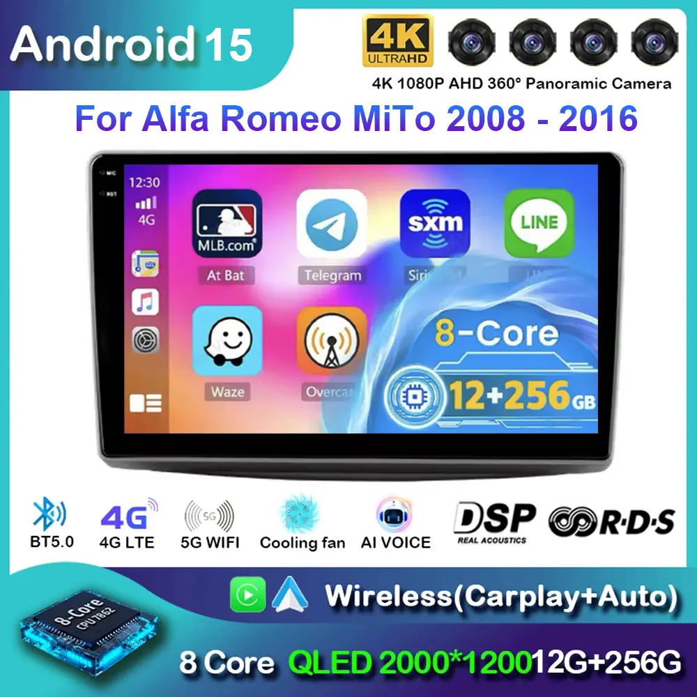 Car Radio Multimedia Video Player Android 15 For Alfa Romeo MiTo 2008 - 2016 Android Auto GPS Navigation BT WiFi QLED screen