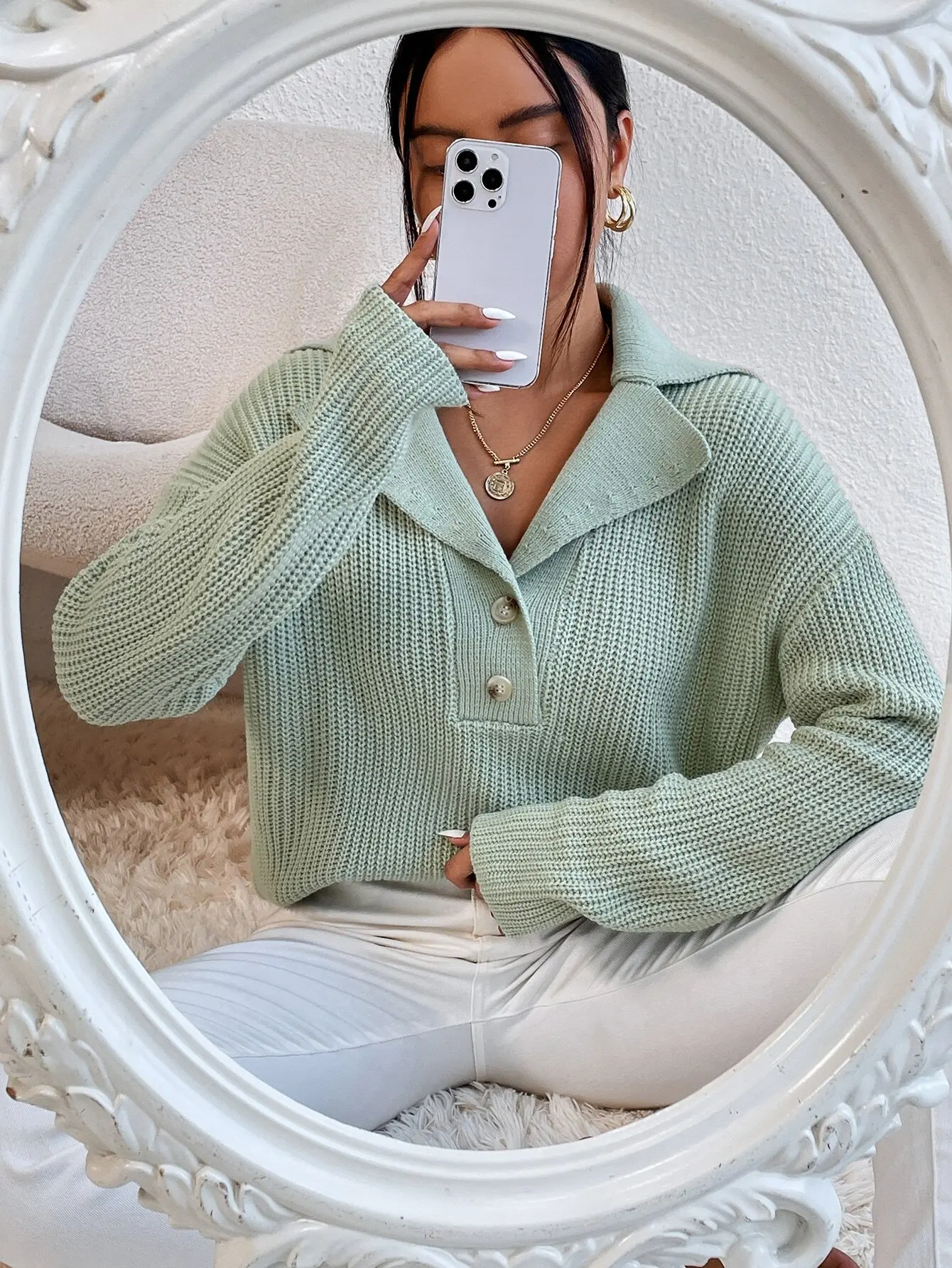 Mint Green Rib-Knit Drop Shoulder Sweater with Lapel Neck & Buttons, Casual Fall Winter Pullover for Women
Mint Green Rib-Knit Drop Shoulder Sweater with Lapel Neck & Buttons, Casual Fall Winter Pullover for Women