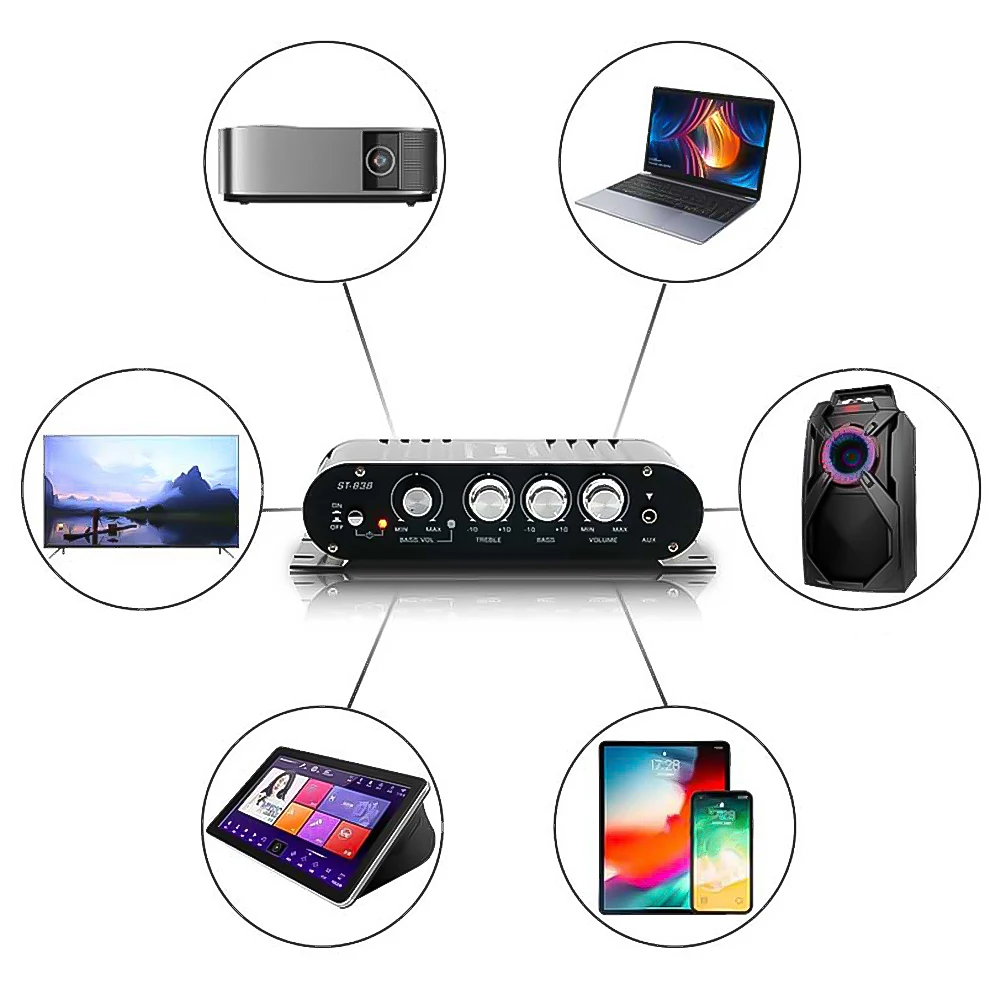 ST-838 HiFi 2.1 Channel Stereo Bass Sound Amp Bass and Treble Adjustment 80W*2 Black Car Home Amp Mini Media Player
ST-838 HiFi 2.1 Channel Stereo Bass Sound Amp Bass and Treble Adjustment 80W*2 Black Car Home Amp Mini Media Player