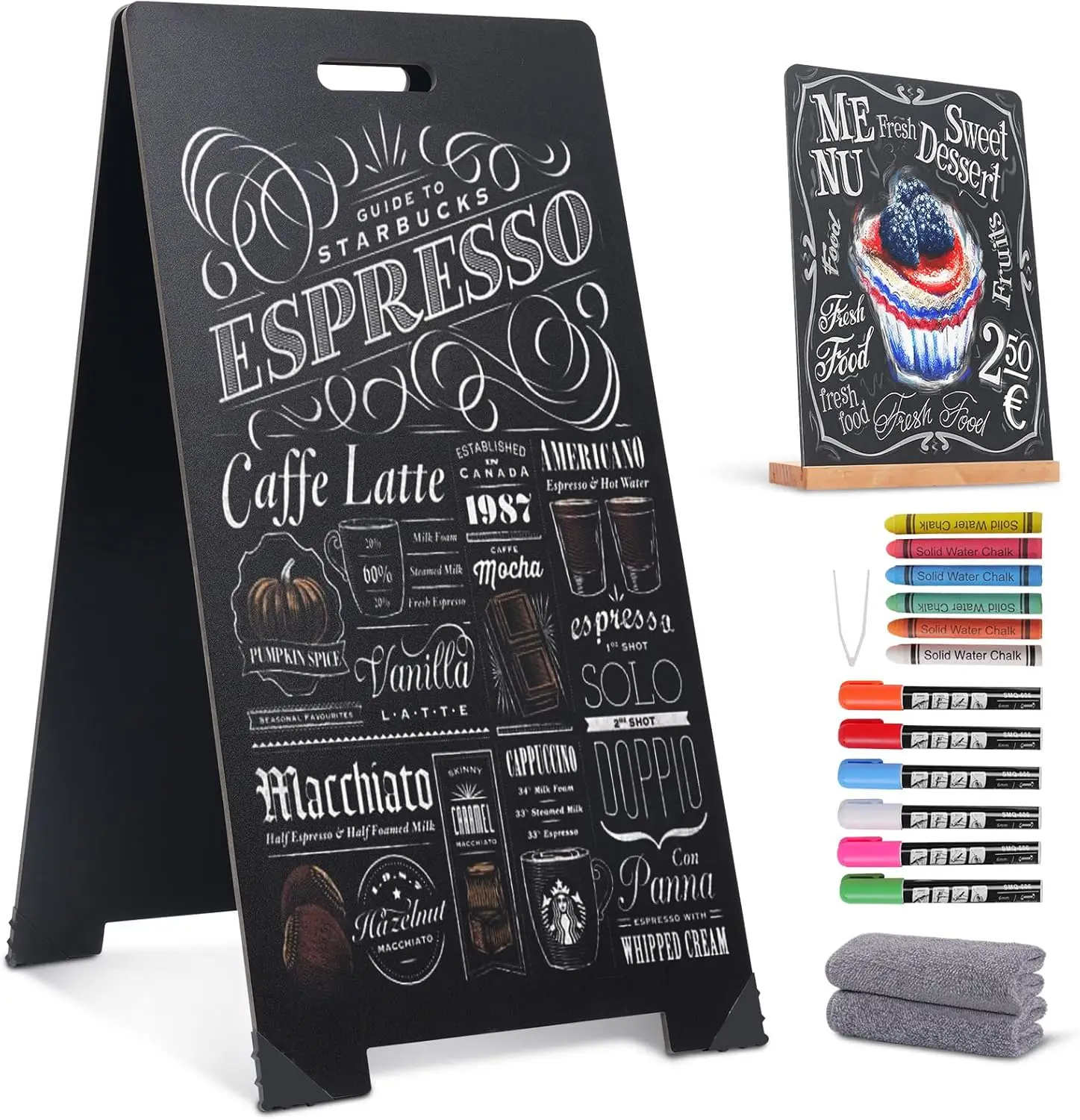16" x 32" Double-Sided A-Frame Chalkboard Sign with Mini Board, Markers & Cloths, Foldable Menu Display for Business
16" x 32" Double-Sided A-Frame Chalkboard Sign with Mini Board, Markers & Cloths, Foldable Menu Display for Business