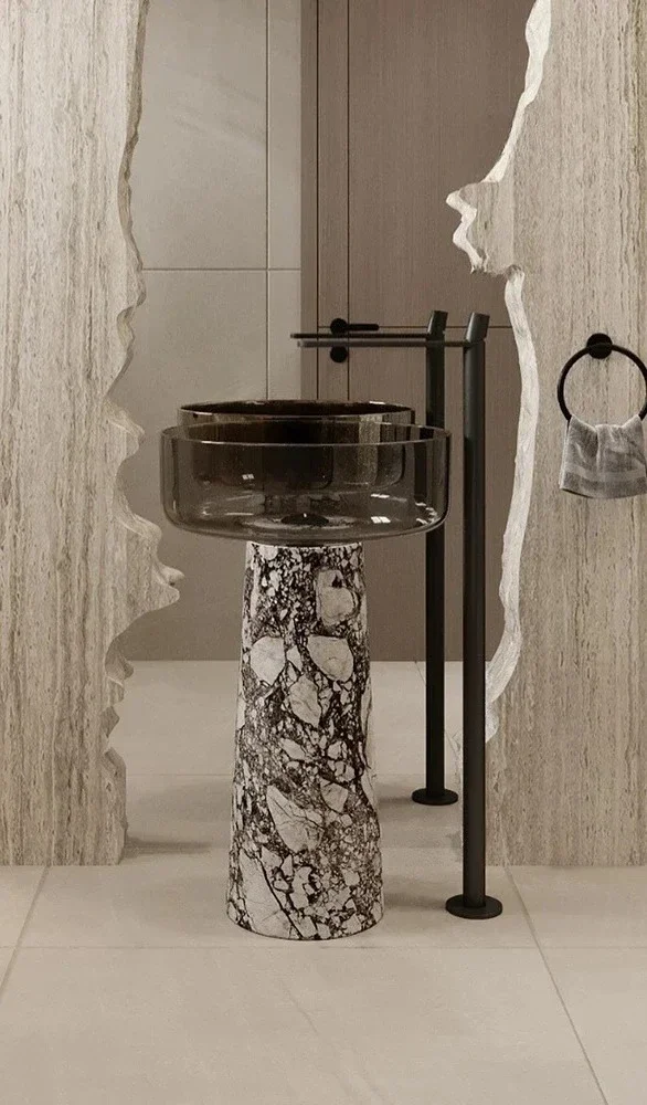 Marble luxury stone tea brown transparent floor-to-ceiling homestay small apartment bathroom bathroom cabinet column basin
Marble luxury stone tea brown transparent floor-to-ceiling homestay small apartment bathroom bathroom cabinet column basin