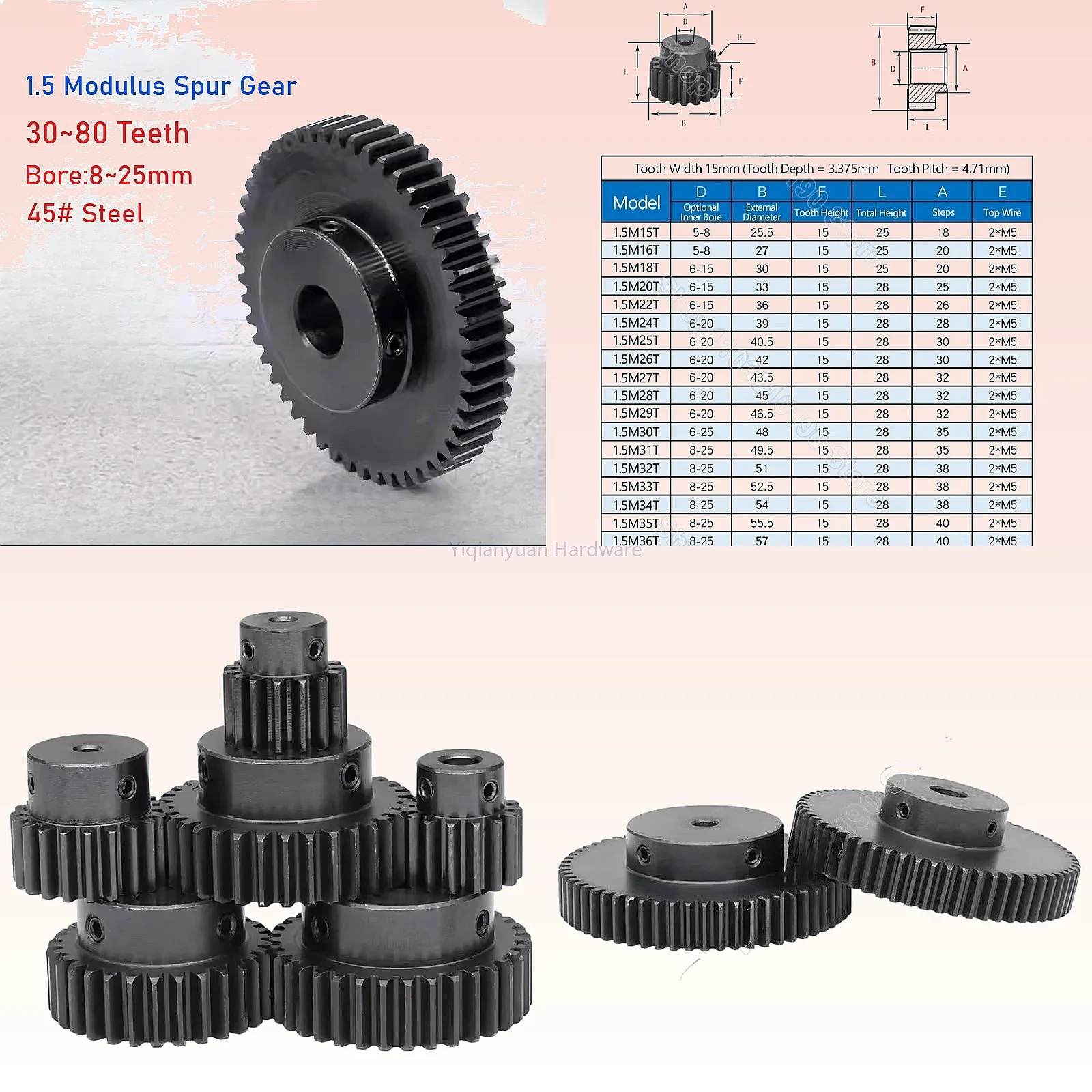 Yiqianyuan 1.5 Modulus Spur Gear 30-80 Teeth Cylindrical Motor Gear Transmission Parts Bore 8-25mm
Yiqianyuan 1.5 Modulus Spur Gear 30-80 Teeth Cylindrical Motor Gear Transmission Parts Bore 8-25mm