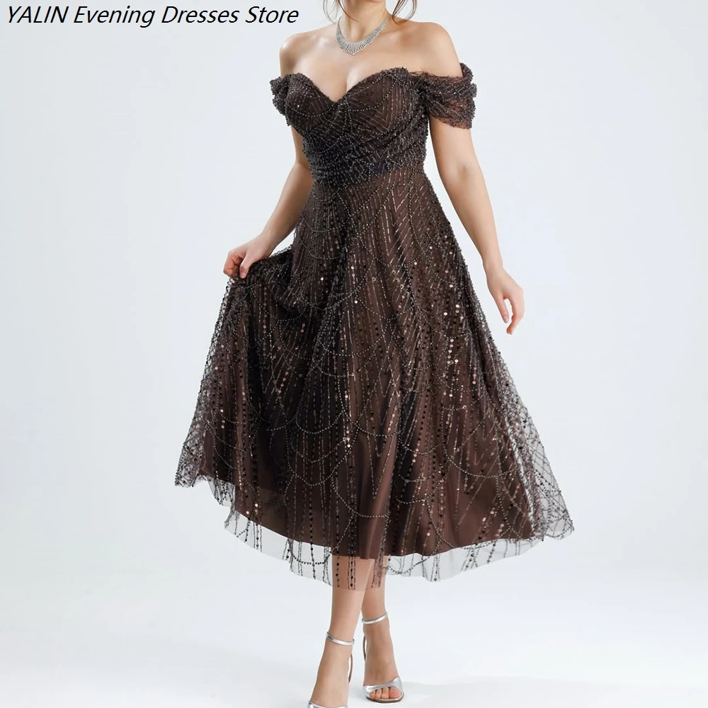 Women's A-line Evening Dresses Tea-length Off The Shoulder Sleeveless Prom Dresses Fashion Beading Sequined Customized Gowns
Women's A-line Evening Dresses Tea-length Off The Shoulder Sleeveless Prom Dresses Fashion Beading Sequined Customized Gowns