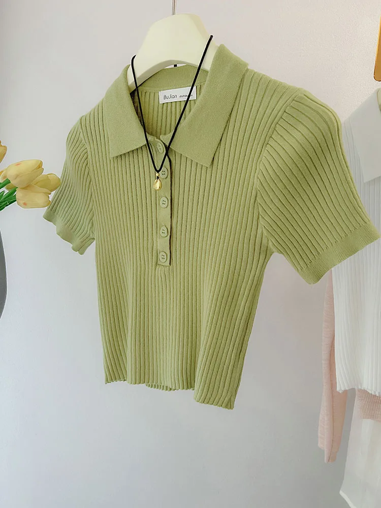 Women's Lapel Collar Slim Fit Knitted Crop Top Sweet Casual Short Sleeve T-Shirt Summer New Fashion Pullover Tops
Women's Lapel Collar Slim Fit Knitted Crop Top Sweet Casual Short Sleeve T-Shirt Summer New Fashion Pullover Tops