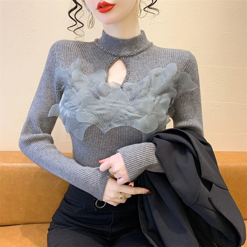 2025,New,European,Clothes,Knitted,Sweater,Women,Chic,Sexy,Mock Neck,Hollow Out,Beading,3D,Lace,Tops,Long Sleeve,Pullover,412120
2025,New,European,Clothes,Knitted,Sweater,Women,Chic,Sexy,Mock Neck,Hollow Out,Beading,3D,Lace,Tops,Long Sleeve,Pullover,412120