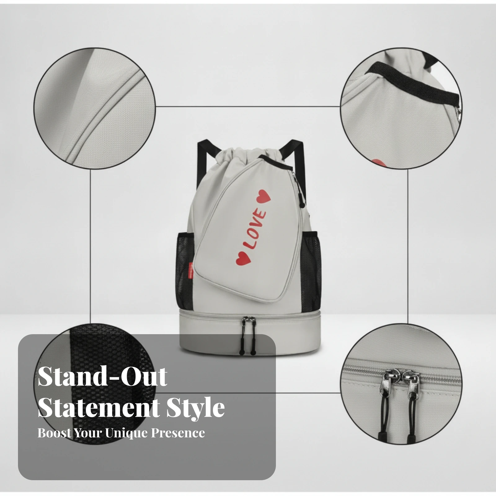 Drawstring Backpack Mesh Pockets Multi-Pocket Backpack Gym Sack Heart Print Storage Bag Tear-Resistant
Drawstring Backpack Mesh Pockets Multi-Pocket Backpack Gym Sack Heart Print Storage Bag Tear-Resistant