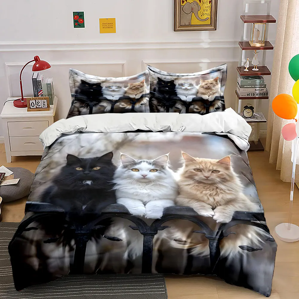 Three cats elegantly seated on railing Pattern Duvet Cover Set Digital Print Colorful Polyester Bedding with Zipper Closur
Three cats elegantly seated on railing Pattern Duvet Cover Set Digital Print Colorful Polyester Bedding with Zipper Closur