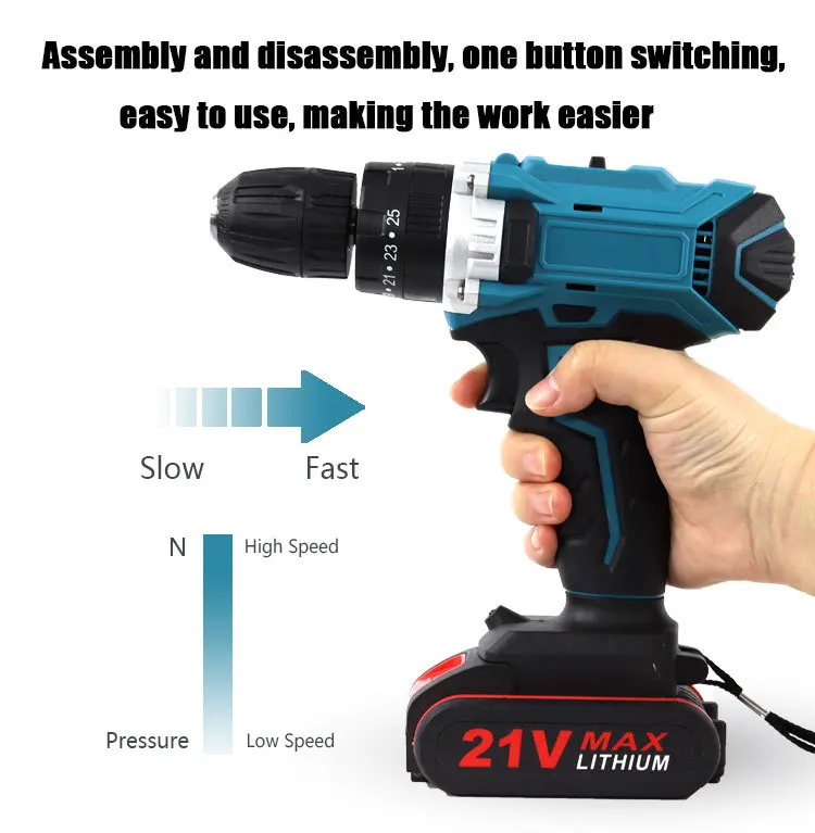 Industrial grade multifunctional dual speed hand electric drill 21V speed electric drill rechargeable handheld screwdriver
Industrial grade multifunctional dual speed hand electric drill 21V speed electric drill rechargeable handheld screwdriver