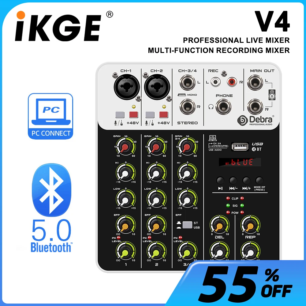 Debra V4 4-Channel Audio Mixer with Bluetooth USB 48V Phantom Power Delayed Replay Effect for Computer Recording, DJ Console
Debra V4 4-Channel Audio Mixer with Bluetooth USB 48V Phantom Power Delayed Replay Effect for Computer Recording, DJ Console