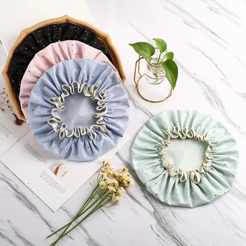 Double-layer Shower Cap Women's Waterproof Gilding Polyester Cotton Printing PEVA Adult Bath Cap Shower Hair Set Bath Cap
Double-layer Shower Cap Women's Waterproof Gilding Polyester Cotton Printing PEVA Adult Bath Cap Shower Hair Set Bath Cap