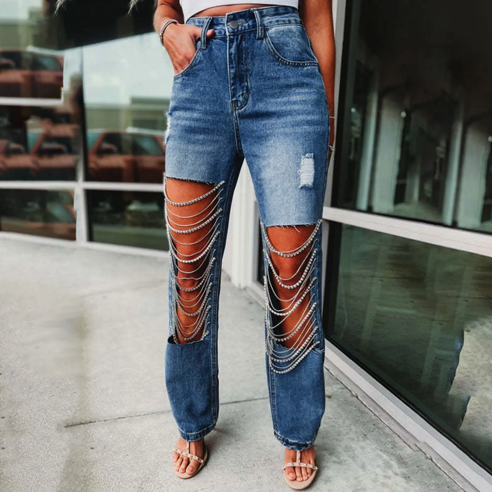 Straight Jeans Pants Women Spring Summer Holes Diamond Rhinstones Solid Fashion High Street High Waist Cotton Denim Pants
Straight Jeans Pants Women Spring Summer Holes Diamond Rhinstones Solid Fashion High Street High Waist Cotton Denim Pants
