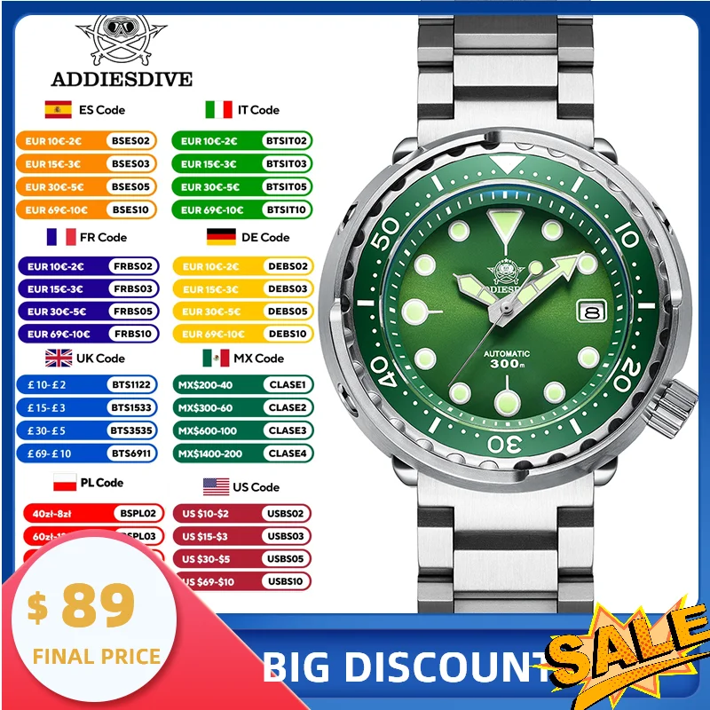ADDIESDIVE Tuna Mens Dive Automatic Watch NH35 Sapphire Crystal Calendear Watches 300m Waterproof Luminous Mechanical WristWatch
ADDIESDIVE Tuna Mens Dive Automatic Watch NH35 Sapphire Crystal Calendear Watches 300m Waterproof Luminous Mechanical WristWatch