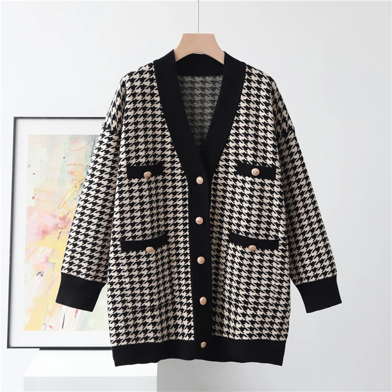 Casual Long Knitted Black Cardigan Female Autumn Winter Drop Shoulder Sweater Coat Basic Button Women's Houndstooth Tops
Casual Long Knitted Black Cardigan Female Autumn Winter Drop Shoulder Sweater Coat Basic Button Women's Houndstooth Tops