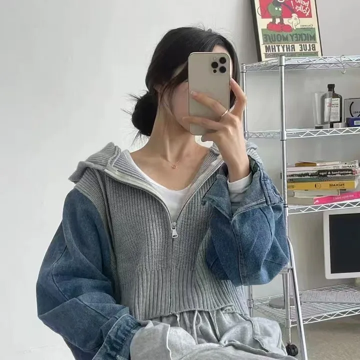 Casual Knitted Denim Jaet Women's ort Sve Long Sve Hoodie Outerwear Spring Autumn Winter Faionable Versatile Top
Casual Knitted Denim Jaet Women's ort Sve Long Sve Hoodie Outerwear Spring Autumn Winter Faionable Versatile Top