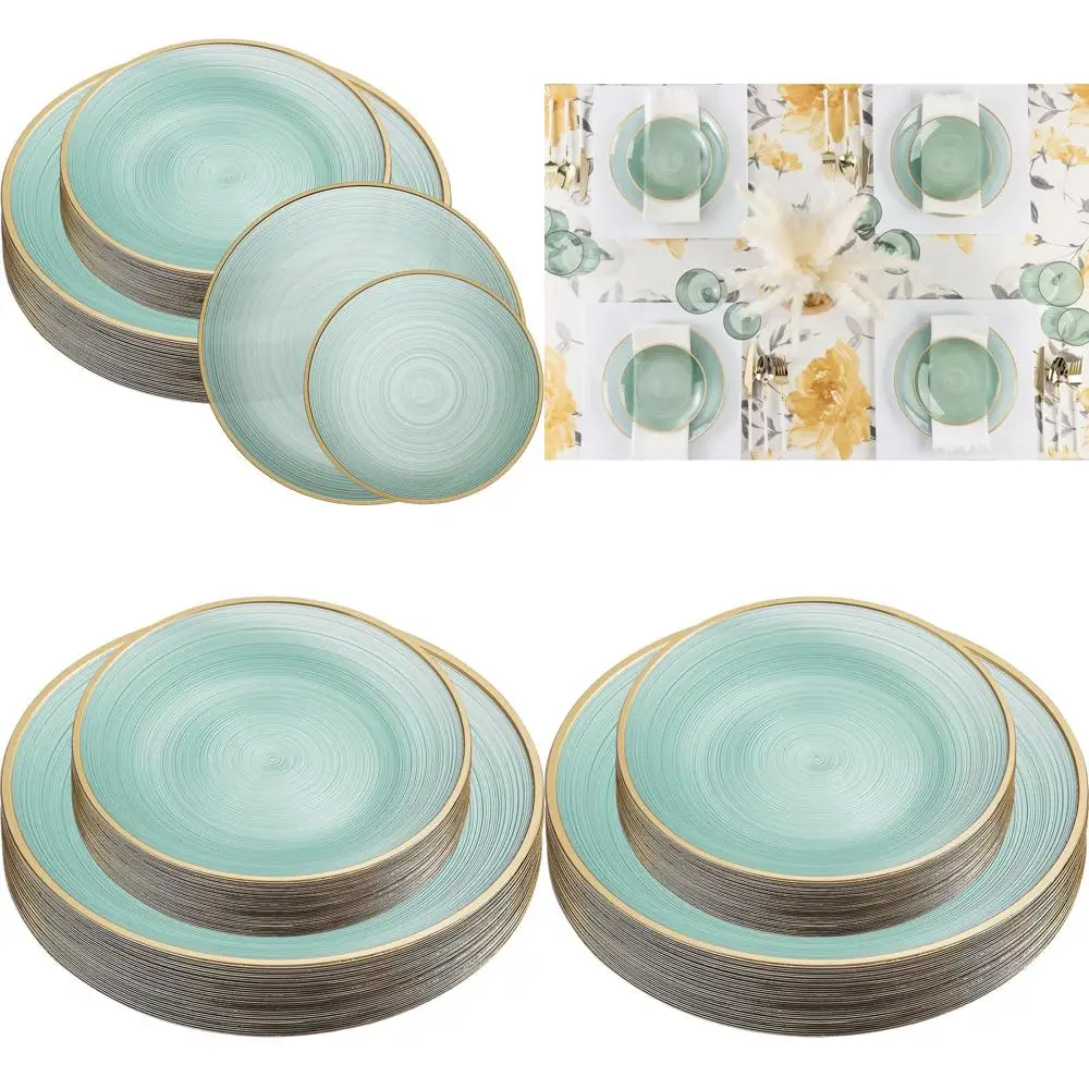 Elegant 7 & 10 Gold Rimmed Crystal Design Green Plastic Plates, 128-Piece Set
Elegant 7 & 10 Gold Rimmed Crystal Design Green Plastic Plates, 128-Piece Set