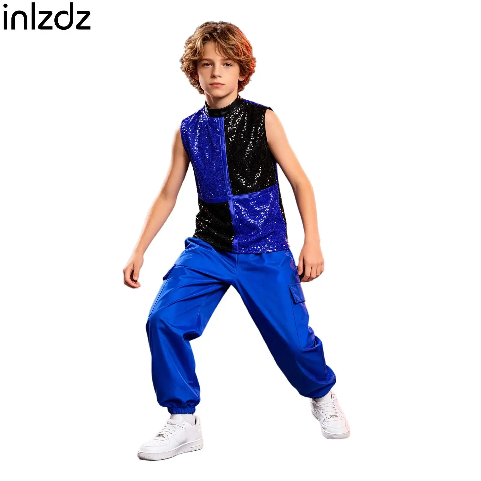 Kids Boys Girls Metallic Jazz Dance Costume Sleeveless B Shiny Sequins Top with Cargo Pants Modern Street Dance Clothing
Kids Boys Girls Metallic Jazz Dance Costume Sleeveless B Shiny Sequins Top with Cargo Pants Modern Street Dance Clothing
