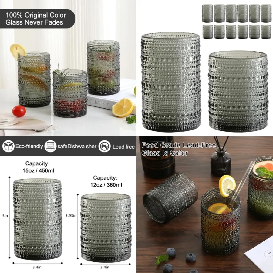 Vintage Glassware Drinking Glasses Set of 12, Grey 12oz 15oz Hobnail Glass Cups, Embossed Water Tumbler, for Beer, Cocktail, Wh
Vintage Glassware Drinking Glasses Set of 12, Grey 12oz 15oz Hobnail Glass Cups, Embossed Water Tumbler, for Beer, Cocktail, Wh