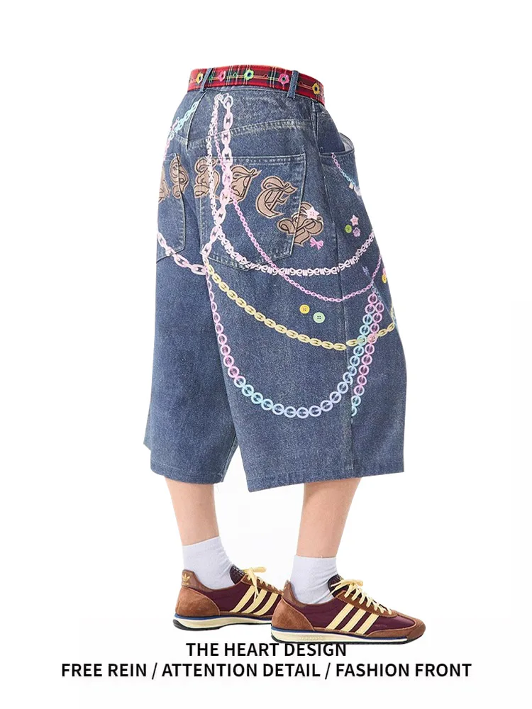 Retro American Chain Print Seven-Foot Jeans Women's ort Jeans Spring Street Sle High Waist Wide Leg Blue Denim
Retro American Chain Print Seven-Foot Jeans Women's ort Jeans Spring Street Sle High Waist Wide Leg Blue Denim