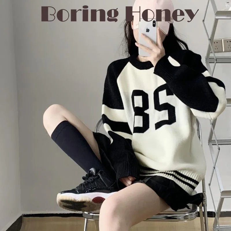 Boring Honey Korean Style Black And White Round Collar Loose And Comfortable Sweater Pullover Be All-Match Letter Knitwears Tops
Boring Honey Korean Style Black And White Round Collar Loose And Comfortable Sweater Pullover Be All-Match Letter Knitwears Tops