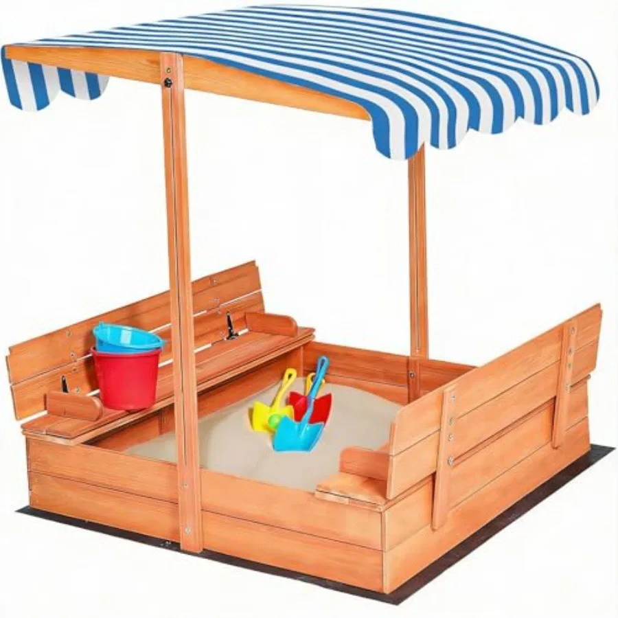 Wooden Sandbox with Cover for Outdoor Play, Natural Wood, Blue White Striped Canopy, Foldable Bench Seats Retractable Roof, 48
Wooden Sandbox with Cover for Outdoor Play, Natural Wood, Blue White Striped Canopy, Foldable Bench Seats Retractable Roof, 48