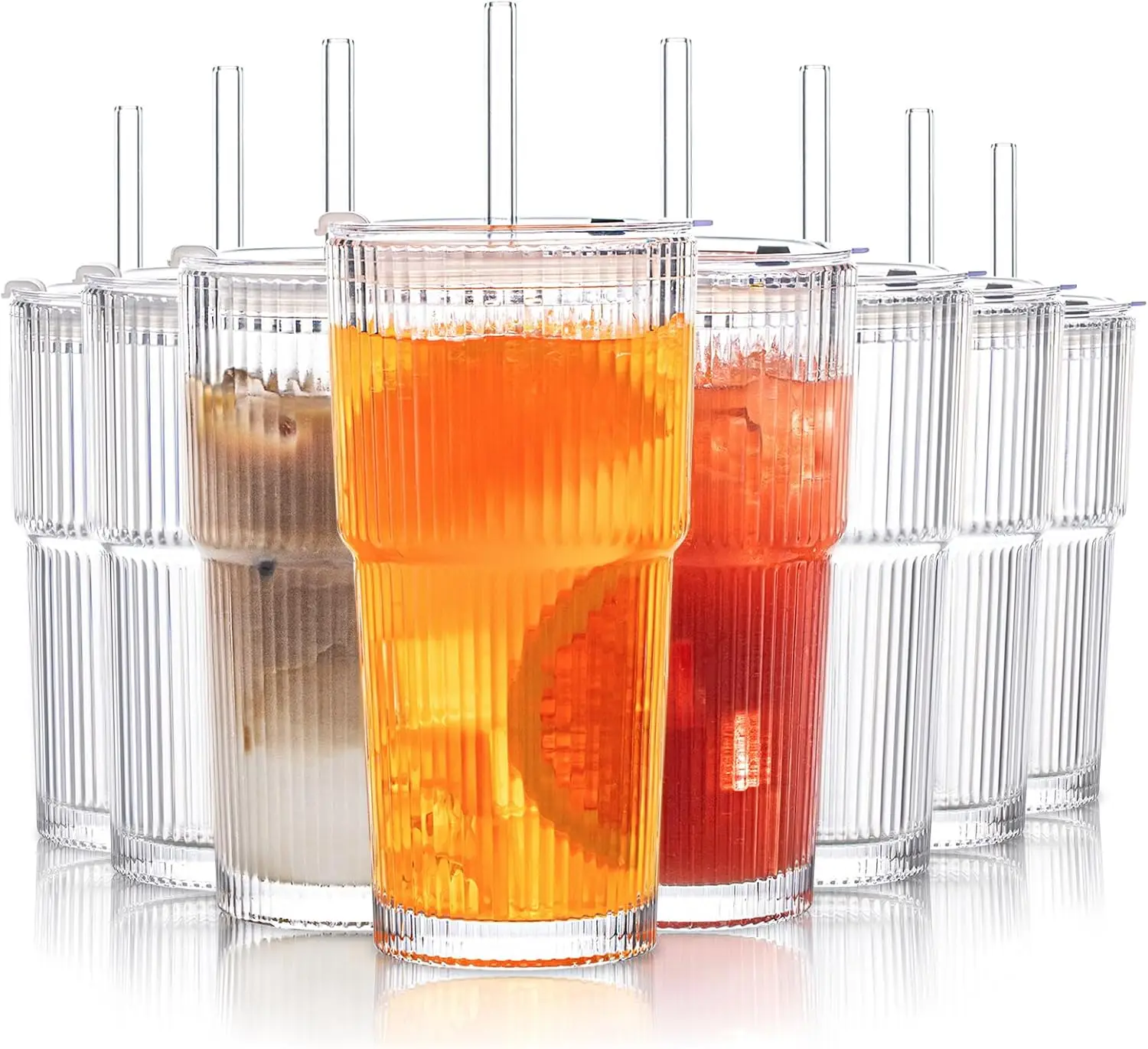 8-Piece Ribbed Glass Tumblers with Lids and Straws, Ideal for Iced Coffee, Smoothies, Cocktails - Durable Drinkware
8-Piece Ribbed Glass Tumblers with Lids and Straws, Ideal for Iced Coffee, Smoothies, Cocktails - Durable Drinkware