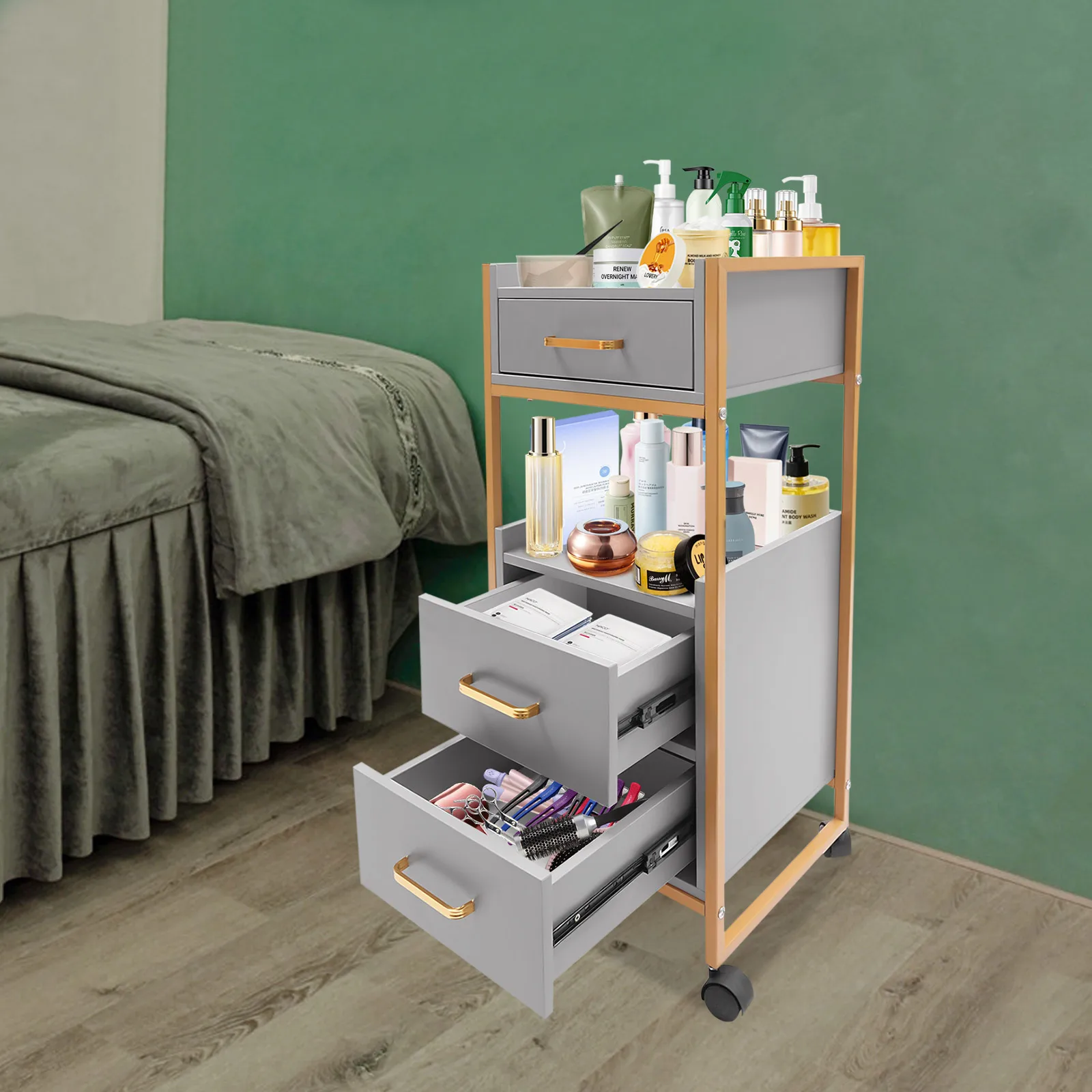 Modern Salon Storage Cabinet with 3 Drawers and 2 Open Tiers, Hair Dryer Holder, and 4 Casters for Easy Mobility in Your Barber
Modern Salon Storage Cabinet with 3 Drawers and 2 Open Tiers, Hair Dryer Holder, and 4 Casters for Easy Mobility in Your Barber
