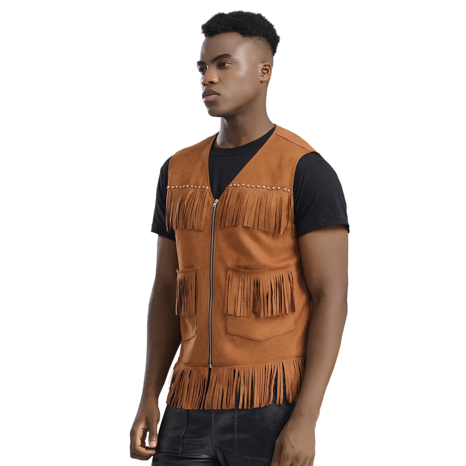 Mens Western Cowboy Costume Fuax Suede Tassel Front Zipper Vest Top Rivets V Neck Sleeveless Waistcoat Hippie Fancy Dress
Mens Western Cowboy Costume Fuax Suede Tassel Front Zipper Vest Top Rivets V Neck Sleeveless Waistcoat Hippie Fancy Dress