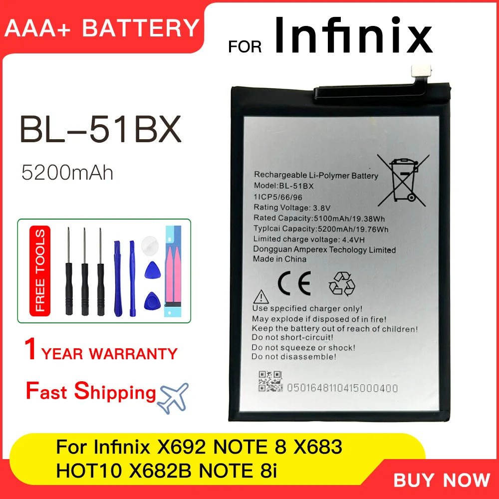 Genuine 3.8V 5200mAh BL-51BX Battery For Infinix X692 NOTE 8 X683 HOT10 X682B NOTE 8i Cellphone batteria+Free Tools
Genuine 3.8V 5200mAh BL-51BX Battery For Infinix X692 NOTE 8 X683 HOT10 X682B NOTE 8i Cellphone batteria+Free Tools