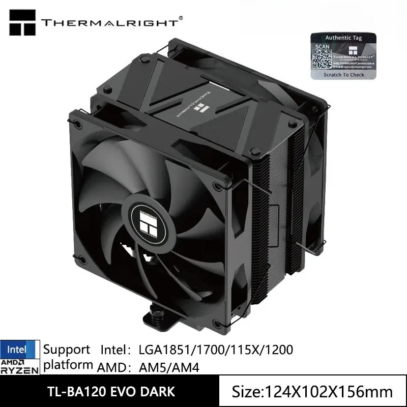 Thermalright BA120 EVO DARK CPU air -cooled heat sink, 6 heat pipe single tower double fan, DTPC 245W, nano spray black paint
Thermalright BA120 EVO DARK CPU air -cooled heat sink, 6 heat pipe single tower double fan, DTPC 245W, nano spray black paint