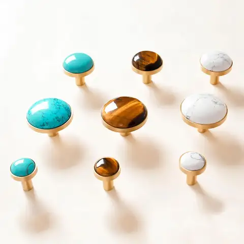 Natural Stone + Brass Cabinet Hardware Cabinet Door Knobs White Blue Turquoise Dresser Pulls Elegant Kitchen Cupboard Handles