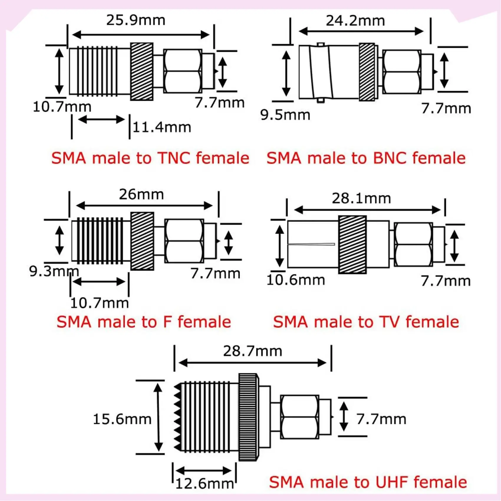 B24B Набор 10-типов адаптеров SMA «папа» на N/F/BNC/UHF/MCX/SMB/TV/TNC «мама» Прямой никелированный позолоченный тестовый преобразователь
B24B Набор 10-типов адаптеров SMA «папа» на N/F/BNC/UHF/MCX/SMB/TV/TNC «мама» Прямой никелированный позолоченный тестовый преобразователь