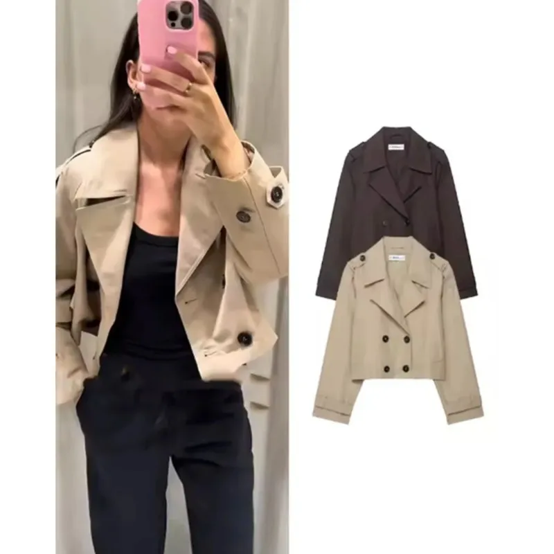 Double Breasted Short Trench Coat Women Casual Long Sleeve Lapel Women Short Jacket 2025 Autumn Female Jackets
Double Breasted Short Trench Coat Women Casual Long Sleeve Lapel Women Short Jacket 2025 Autumn Female Jackets