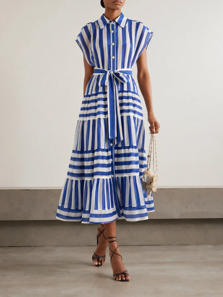 2026 Summer Blue White Striped Shirt Dress Women Elegant Lapel Short Sleeve Belted A Line Maxi Dress Vacation Beach Party
2026 Summer Blue White Striped Shirt Dress Women Elegant Lapel Short Sleeve Belted A Line Maxi Dress Vacation Beach Party