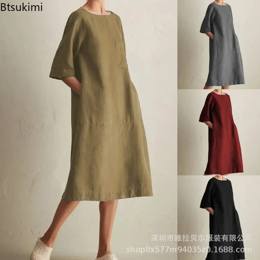 2025 Women's Casual Oversized Cotton Linen Dress Solid Round Neck Half Sleeve Pocket Design Loose Mid Length Straight Dresses
2025 Women's Casual Oversized Cotton Linen Dress Solid Round Neck Half Sleeve Pocket Design Loose Mid Length Straight Dresses
