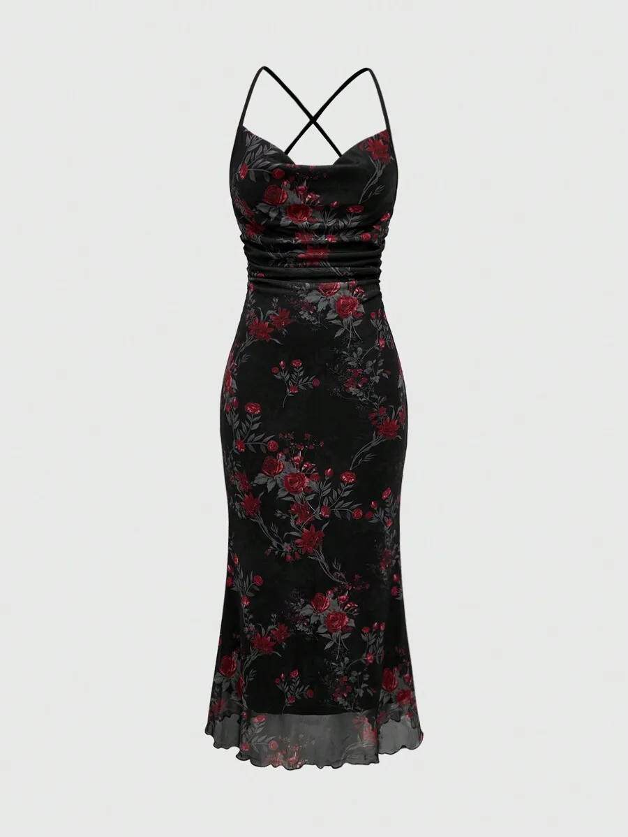 Retro Floral Bodycon Dress With Mermaid Hem And Draped Neck For Women
Retro Floral Bodycon Dress With Mermaid Hem And Draped Neck For Women